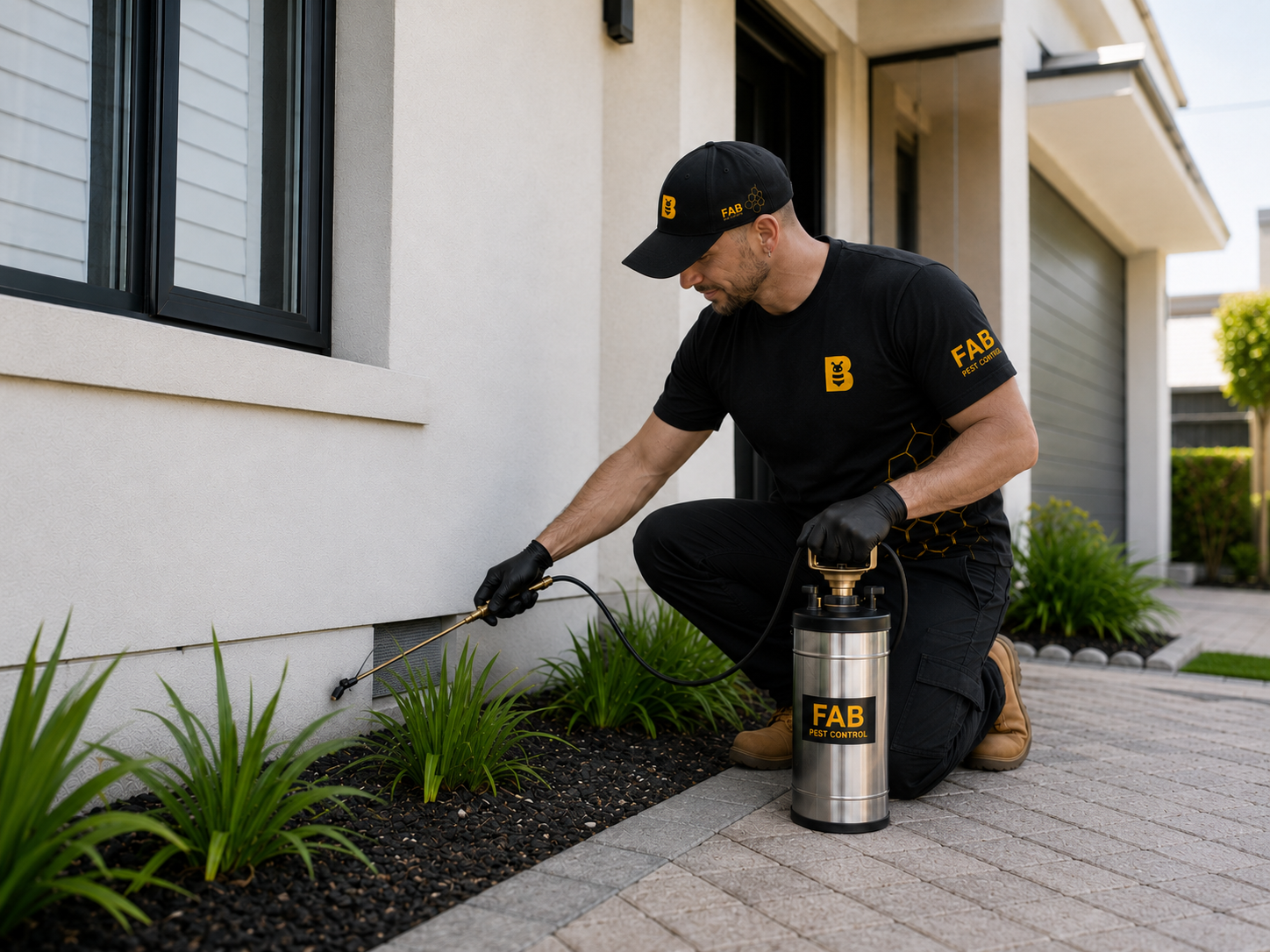 FAB Pest Control technician applying general pest treatment to a Perth home