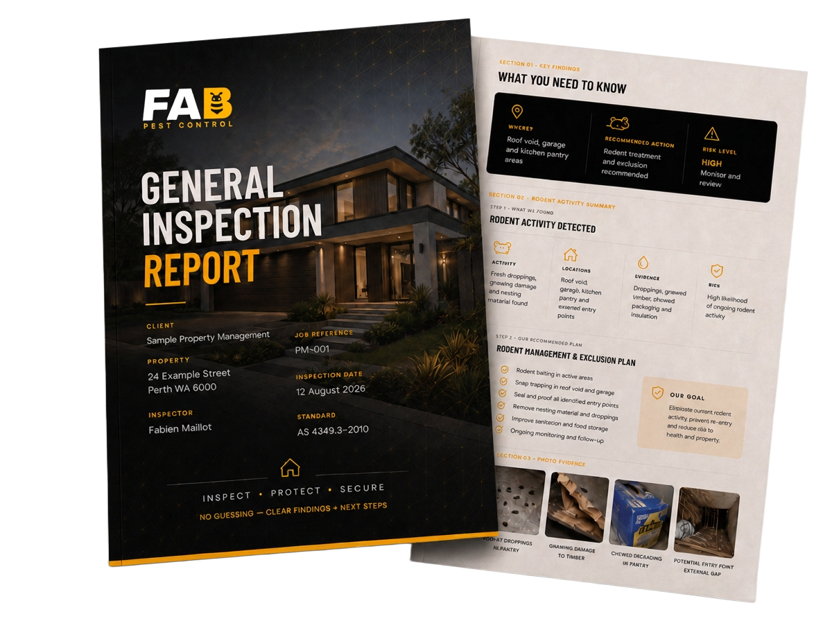 Sample FAB Timber Pest Inspection Report — cover and findings page with photo evidence.