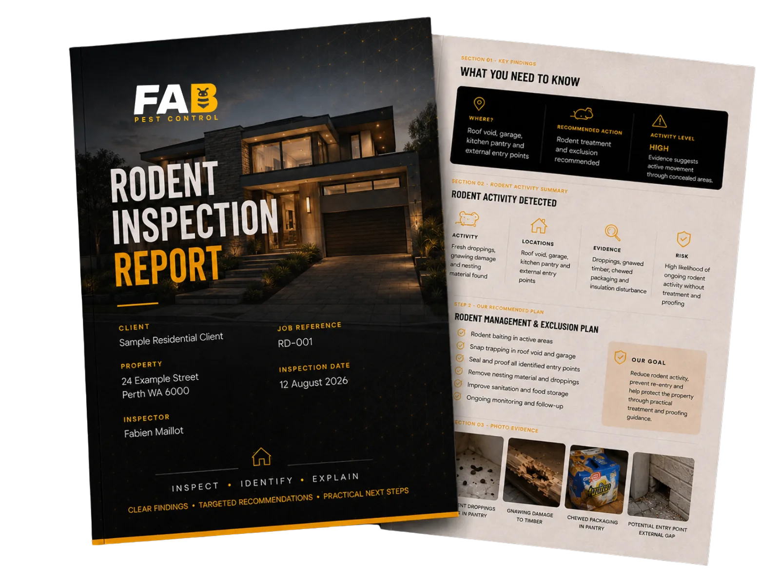 FAB Pest Control rodent inspection report showing findings, entry points and photo evidence.