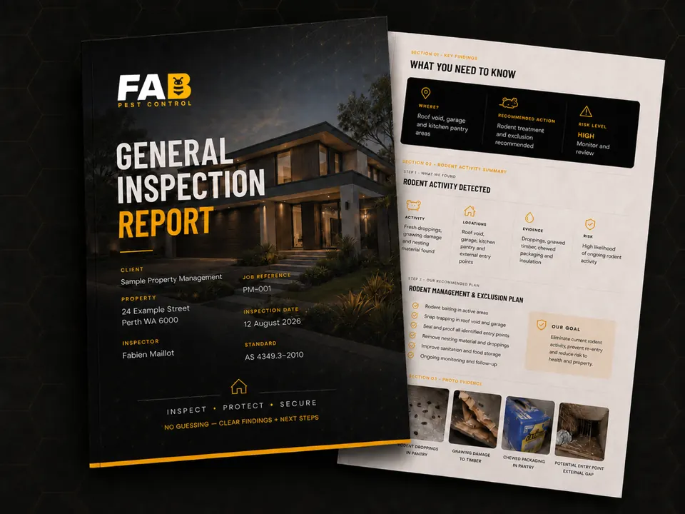FAB Pest Control General Pest Report showing treatment details, photographed findings and recommendations.