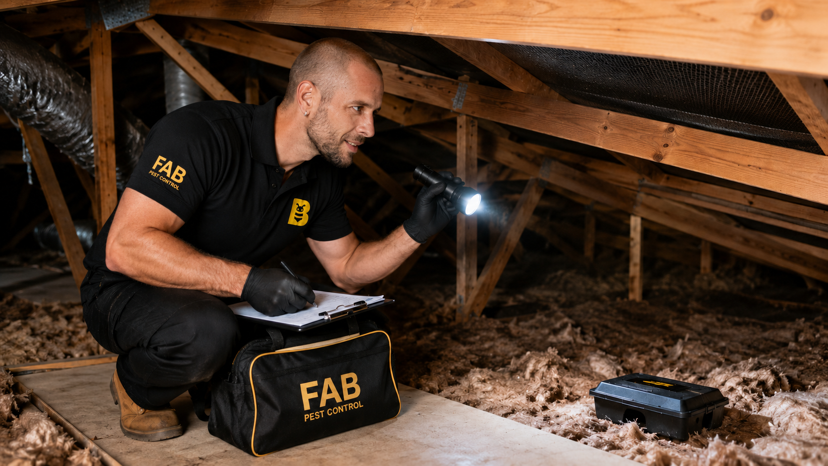 FAB technician inspecting a Perth roof void for rodent activity